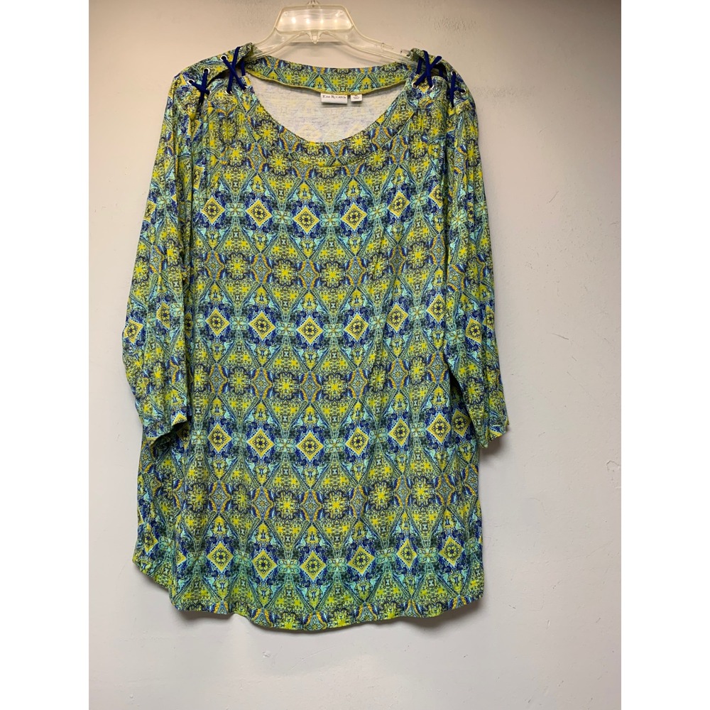 Kim Rogers Top Womens XL Yellow Blue Paisley Geometric Lace-up Excellent Tunic
